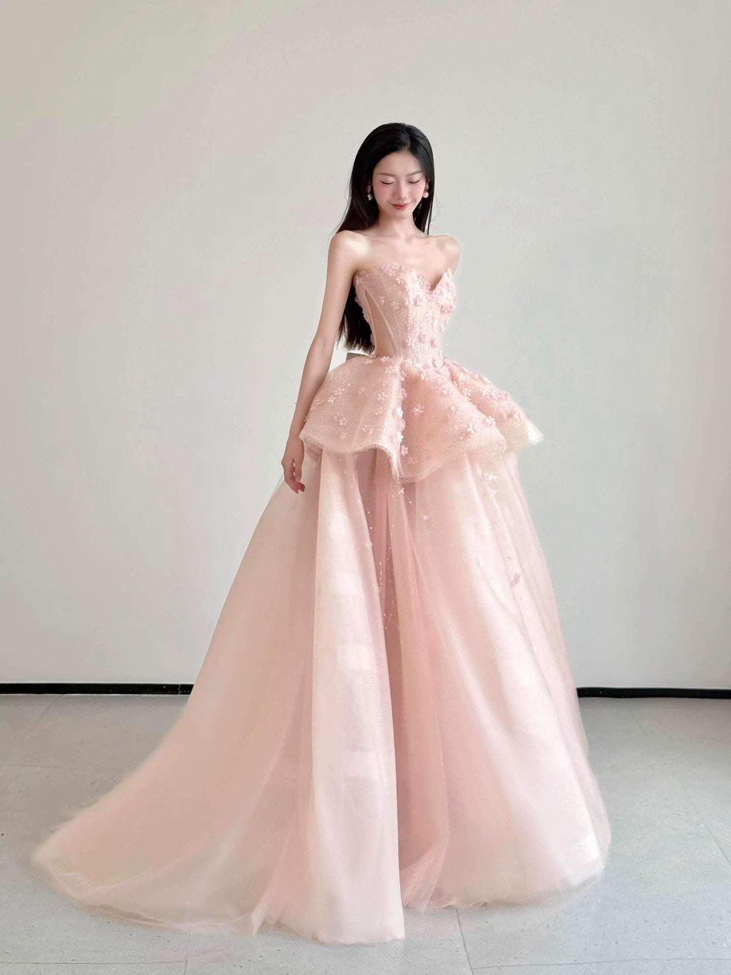 Cute Prom Dress Ball Gown Sweetheart Pink With Flowers Floor Length Quinceanera Dresses Evening Formal Outfits RB5183
