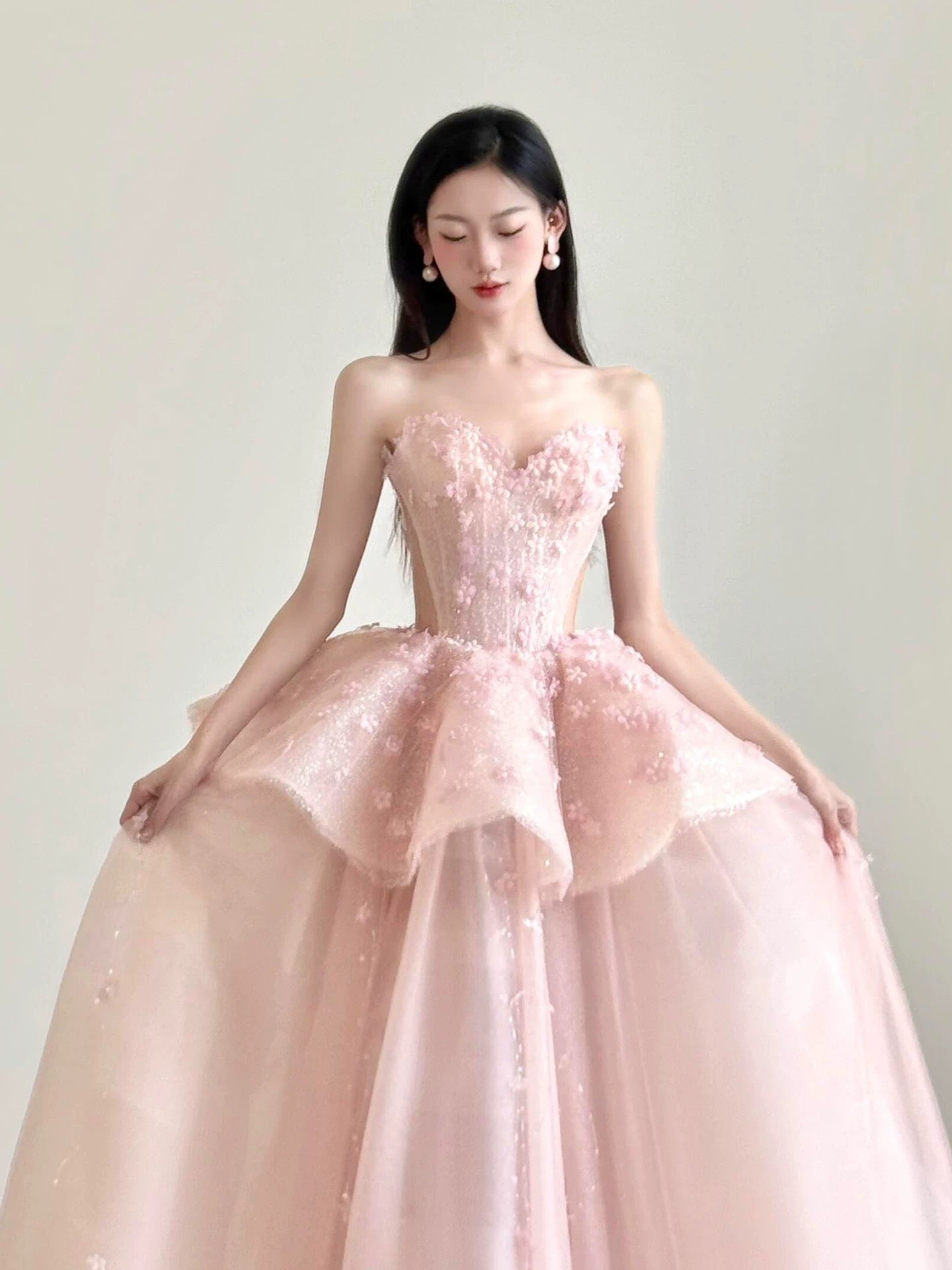 Cute Prom Dress Ball Gown Sweetheart Pink With Flowers Floor Length Quinceanera Dresses Evening Formal Outfits RB5183