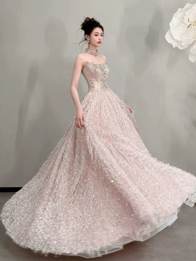 Cute Prom Dress Ball Gown Strapless Sequin Pink With Beading Floor Length Quinceanera Dresses Evening Formal Outfits RB5237