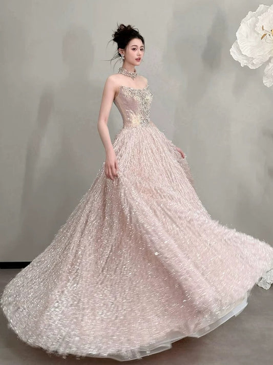 Cute Prom Dress Ball Gown Strapless Sequin Pink With Beading Floor Length Quinceanera Dresses Evening Formal Outfits RB5237