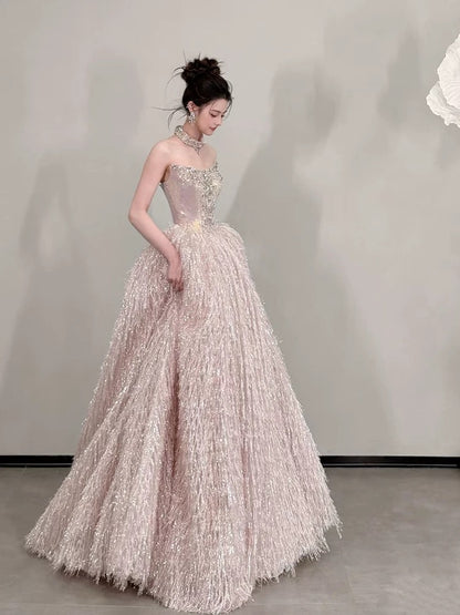 Cute Prom Dress Ball Gown Strapless Sequin Pink With Beading Floor Length Quinceanera Dresses Evening Formal Outfits RB5237