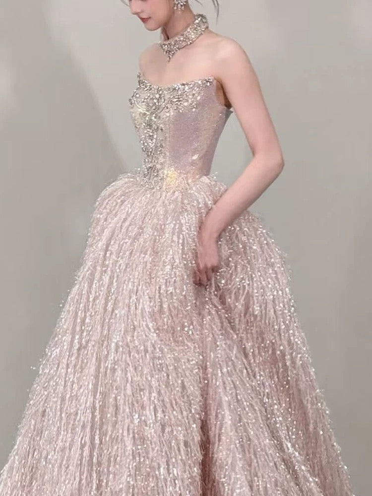 Cute Prom Dress Ball Gown Strapless Sequin Pink With Beading Floor Length Quinceanera Dresses Evening Formal Outfits RB5237