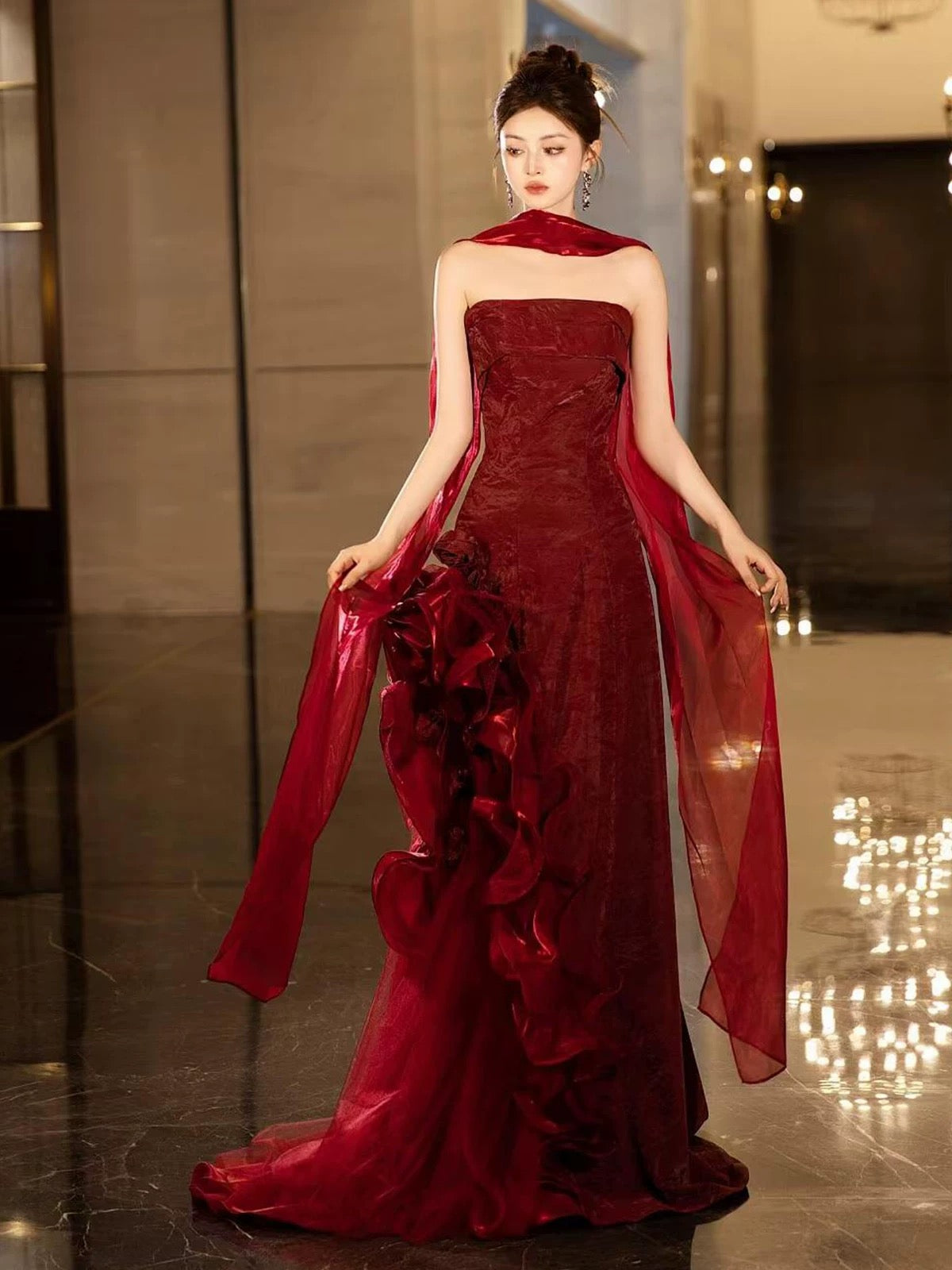 Pretty Women's A Line Strapless Burgundy Maxi Dress Date Night Evening Outfit Semi Formal Prom Dresses RB5225