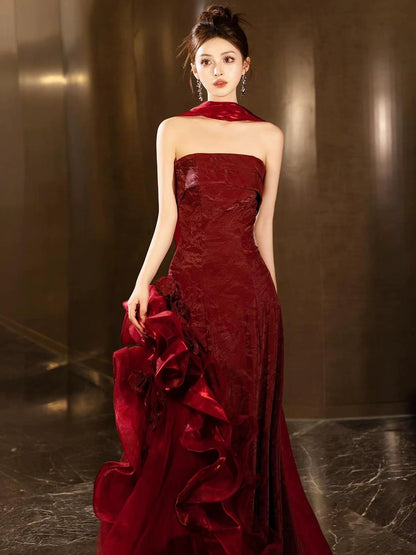 Pretty Women's A Line Strapless Burgundy Maxi Dress Date Night Evening Outfit Semi Formal Prom Dresses RB5225