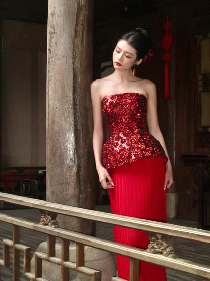 Extravagant Sheath Sweetheart Red Sequin With Gloves Long Floor Length Evening Dresses Inspo Evening Outfits RB5240