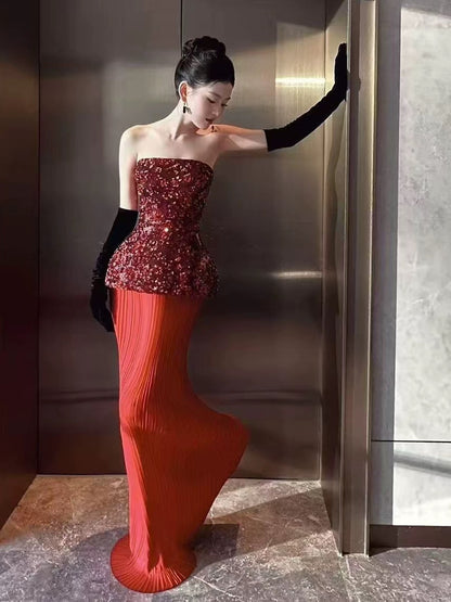 Extravagant Sheath Sweetheart Red Sequin With Gloves Long Floor Length Evening Dresses Inspo Evening Outfits RB5240