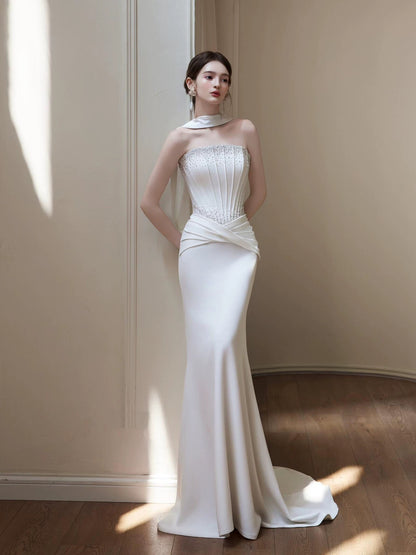 Modest Mermaid Strapless Satin White With Scarf Brides Gown Bridal Dress Long Wedding Dresses RB5219