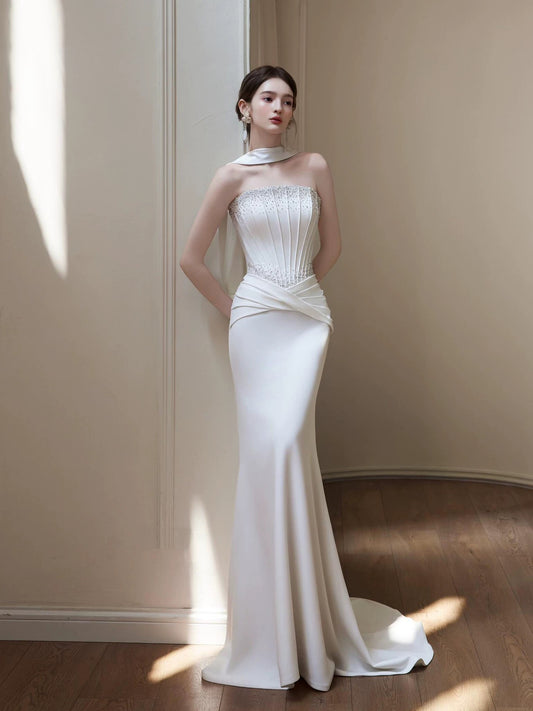 Modest Mermaid Strapless Satin White With Scarf Brides Gown Bridal Dress Long Wedding Dresses RB5219