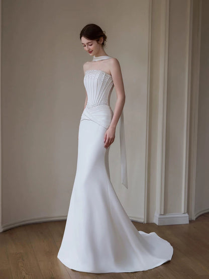 Modest Mermaid Strapless Satin White With Scarf Brides Gown Bridal Dress Long Wedding Dresses RB5219