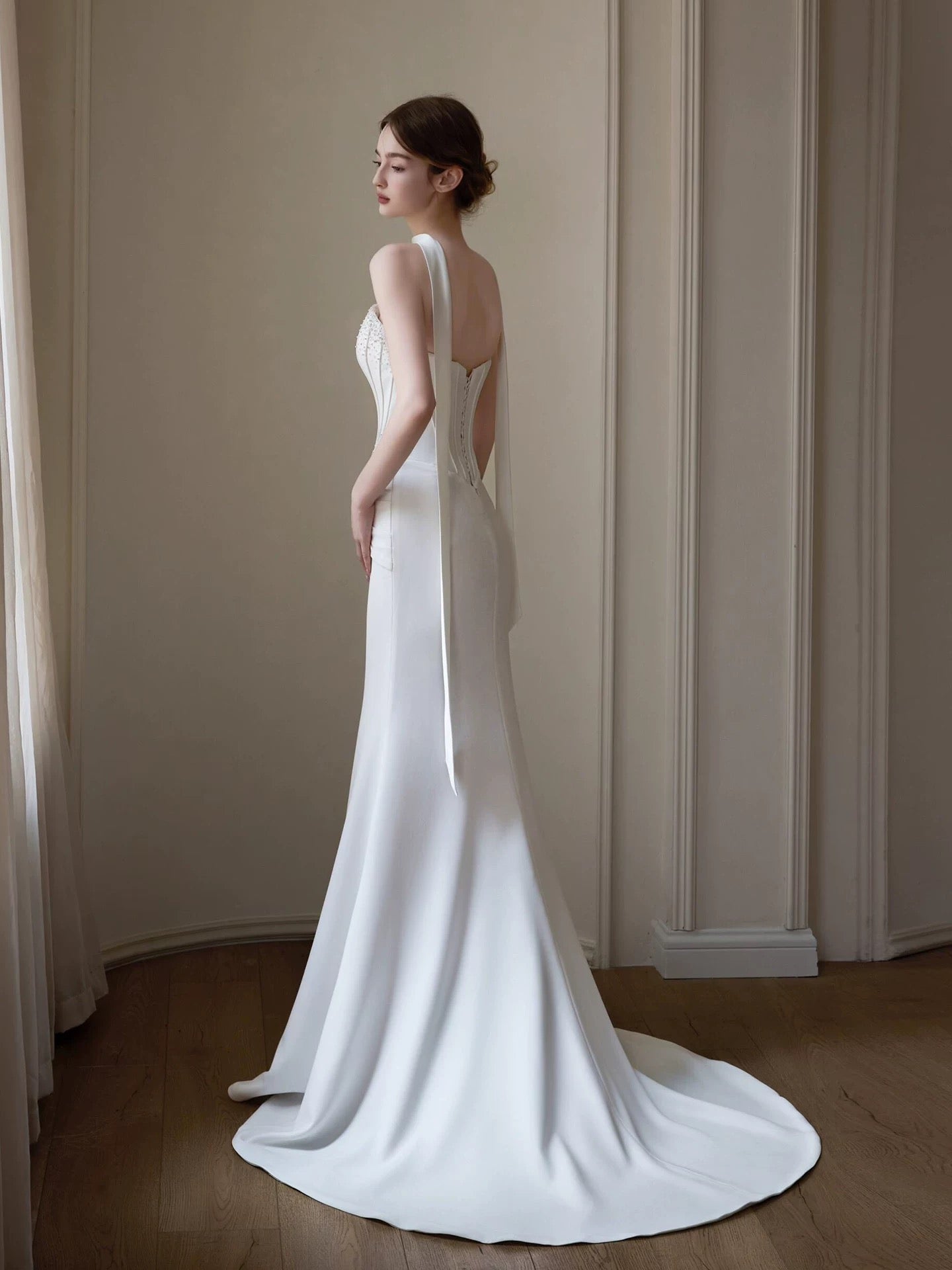 Modest Mermaid Strapless Satin White With Scarf Brides Gown Bridal Dress Long Wedding Dresses RB5219