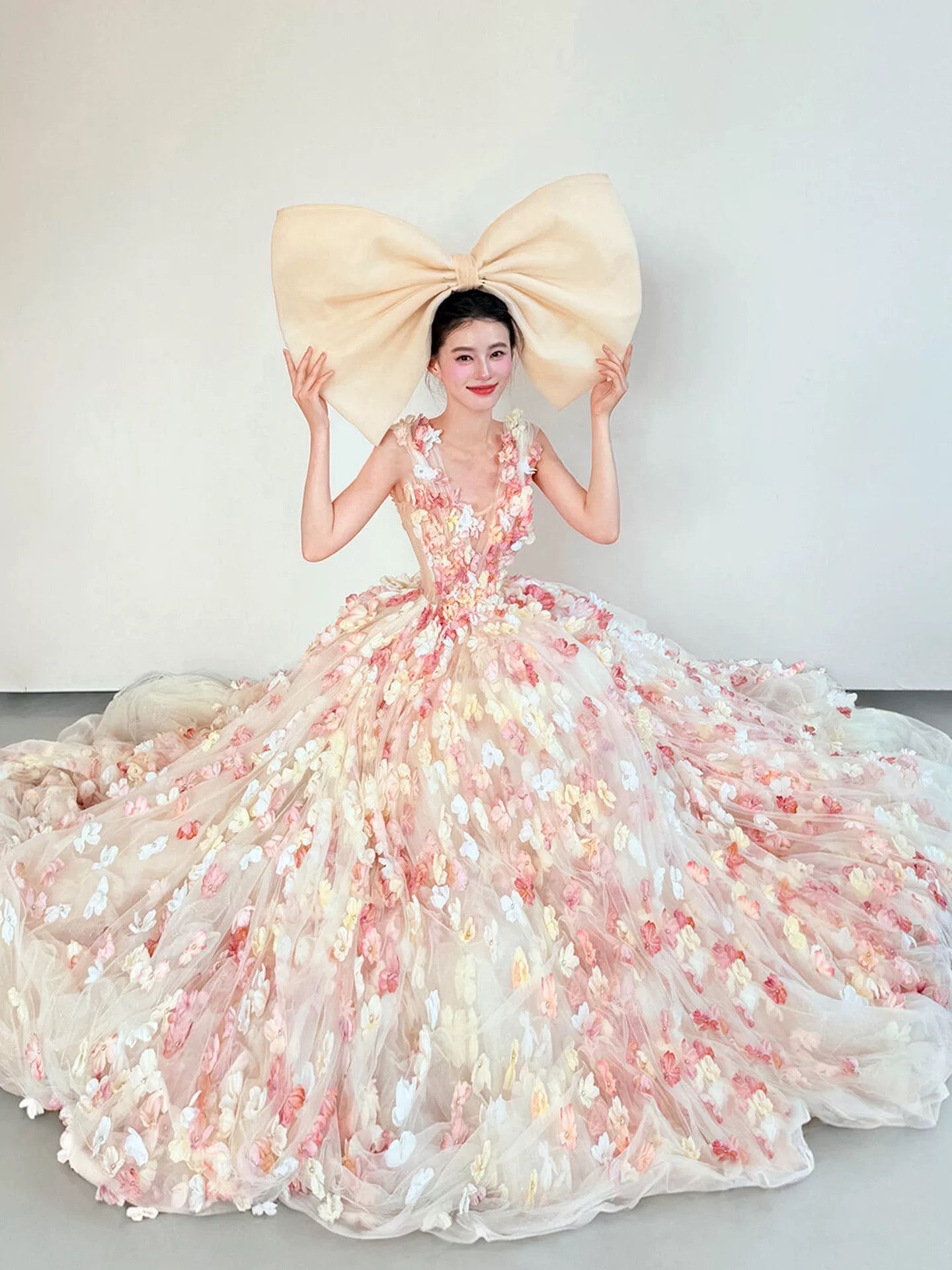 Sweet Prom Dress Ball Gown V Tulle Pink With Flowers Floor Length Quinceanera Dresses Party Formal Outfits RB5240
