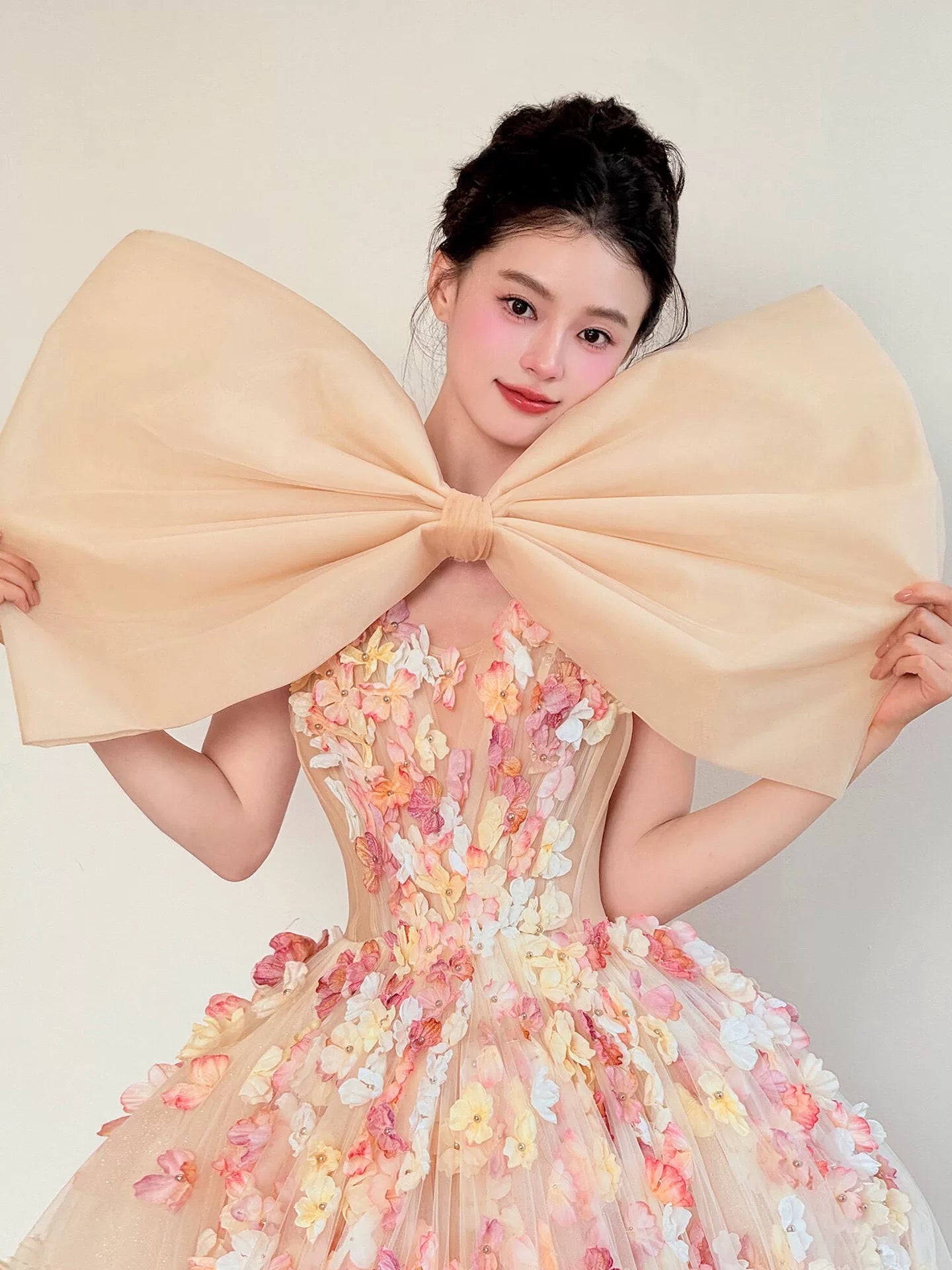 Sweet Prom Dress Ball Gown V Tulle Pink With Flowers Floor Length Quinceanera Dresses Party Formal Outfits RB5240