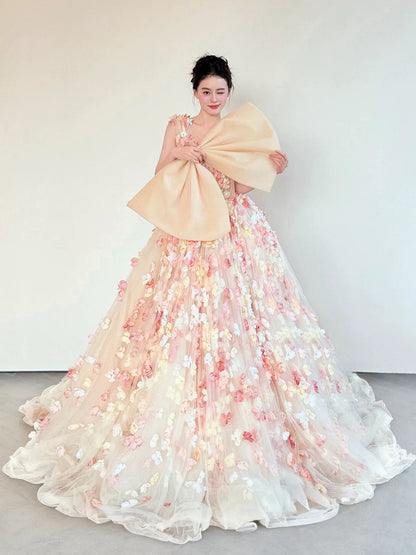 Sweet Prom Dress Ball Gown V Tulle Pink With Flowers Floor Length Quinceanera Dresses Party Formal Outfits RB5240