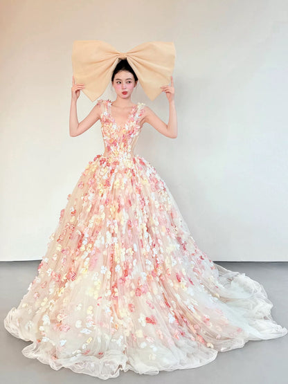 Sweet Prom Dress Ball Gown V Tulle Pink With Flowers Floor Length Quinceanera Dresses Party Formal Outfits RB5240
