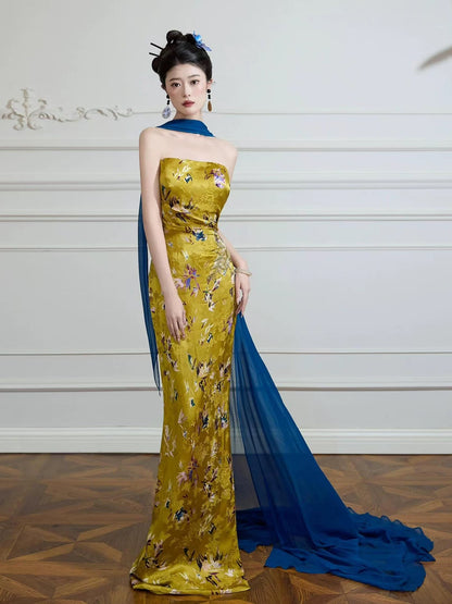 Pretty Women's Mermaid Strapless Gold Satin Maxi Dress Date Night Evening Outfit Semi Formal Prom Dresses RB5241