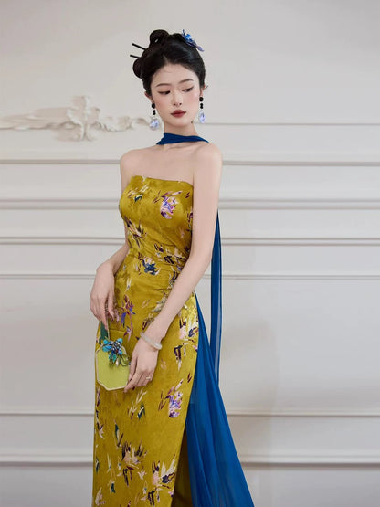 Pretty Women's Mermaid Strapless Gold Satin Maxi Dress Date Night Evening Outfit Semi Formal Prom Dresses RB5241