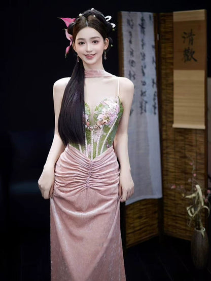 Pretty Women's Mermaid Spaghetti Strap Pink Velvet Maxi Dress Date Night Evening Outfit Semi Formal Prom Dresses RB5242