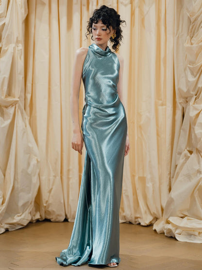 Pretty Women's Mermaid High Neck Blue Satin Maxi Dress Date Night Evening Outfit Semi Formal Prom Dresses RB5243