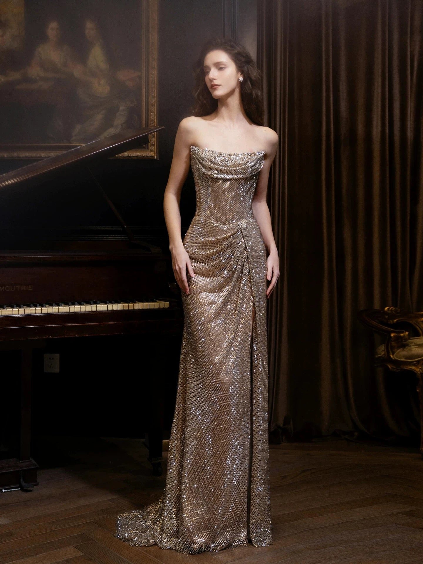 Glitter Women's Mermaid Strapless Champagne With Cape Sequin Maxi Dress Date Night Evening Outfit Formal Prom Dresses RB5244
