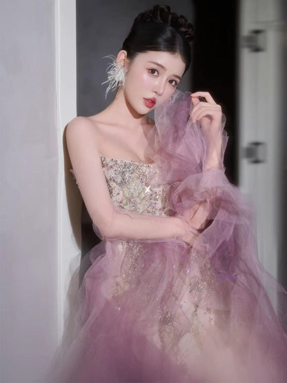 Glitter Women's Mermaid Strapless Pink With Silver Beading Maxi Dress Date Night Evening Outfit Formal Prom Dresses RB5245