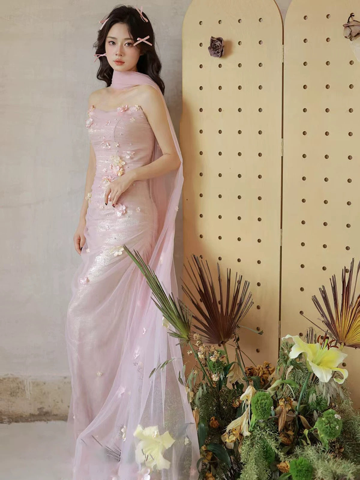 Eclectic Women's Mermaid Strapless Tulle Pink Maxi Dress Date Night Evening Outfits Formal Prom Dresses RB5247