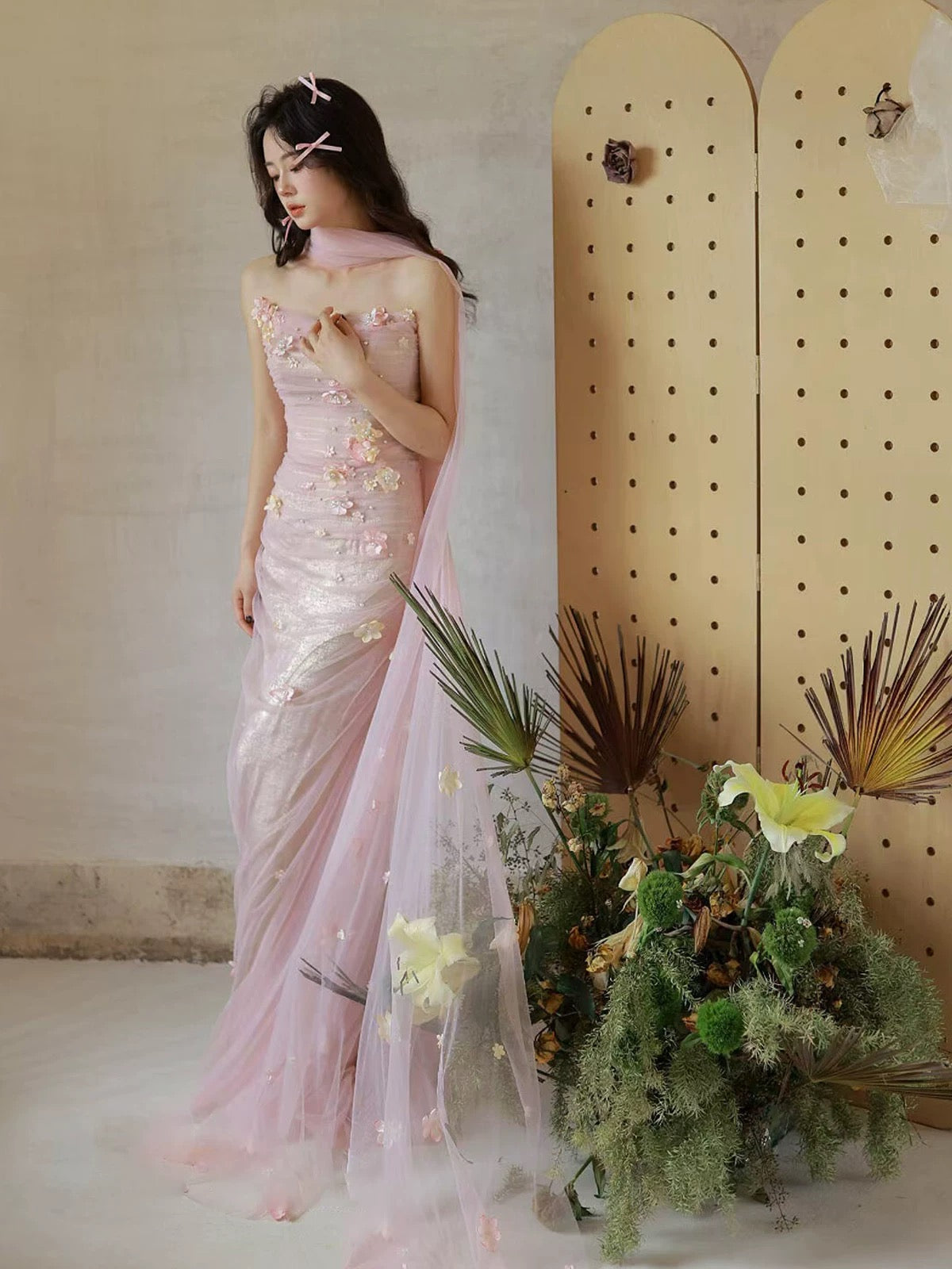 Eclectic Women's Mermaid Strapless Tulle Pink Maxi Dress Date Night Evening Outfits Formal Prom Dresses RB5247