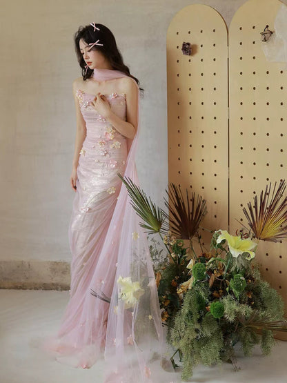 Eclectic Women's Mermaid Strapless Tulle Pink Maxi Dress Date Night Evening Outfits Formal Prom Dresses RB5247