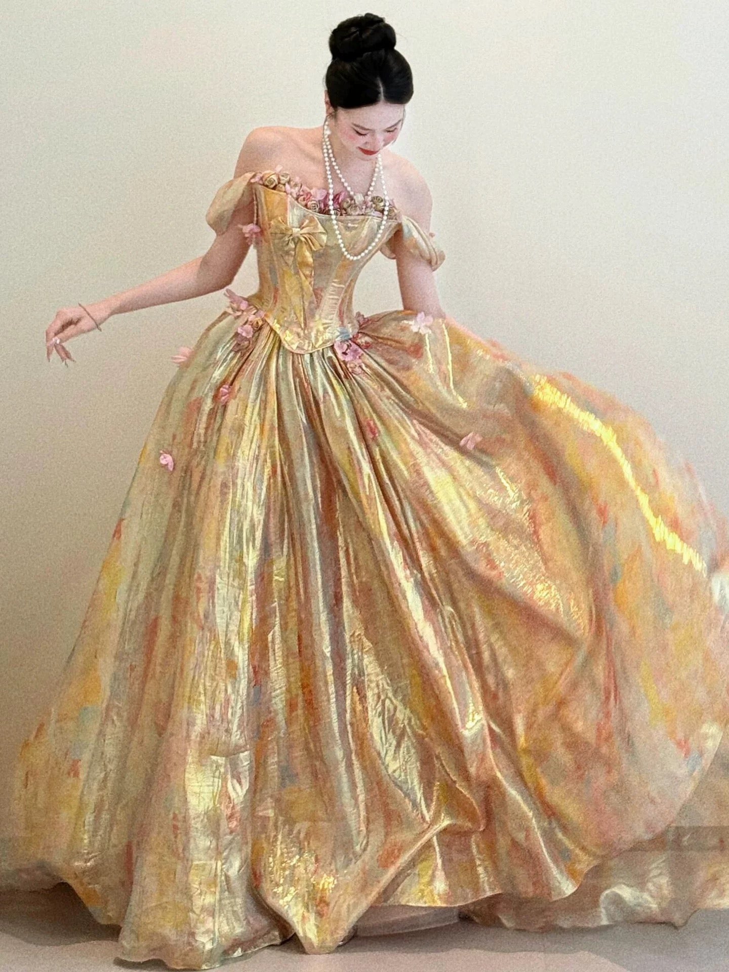 Sweet Prom Dress Ball Gown Off The Shoulder Gold With Flowers Floor Length Quinceanera Dresses Party Formal Outfits RB5248