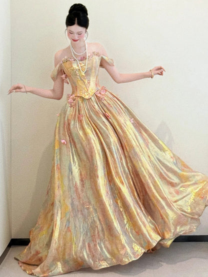Sweet Prom Dress Ball Gown Off The Shoulder Gold With Flowers Floor Length Quinceanera Dresses Party Formal Outfits RB5248