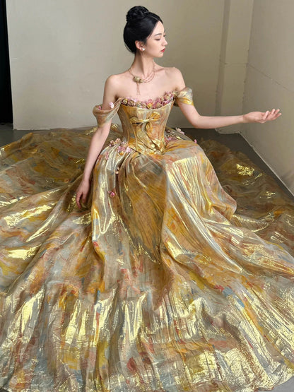 Sweet Prom Dress Ball Gown Off The Shoulder Gold With Flowers Floor Length Quinceanera Dresses Party Formal Outfits RB5248
