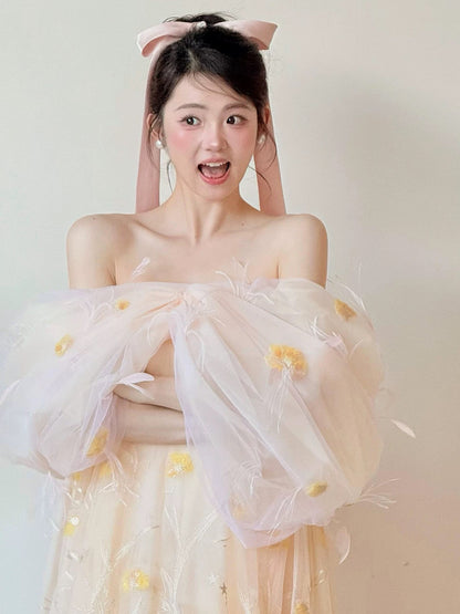 Unique Women's Ball Gown Off The Shoulder Yellow Tulle Maxi Dress Date Night Outfits Semi Formal Prom Dresses RB5184