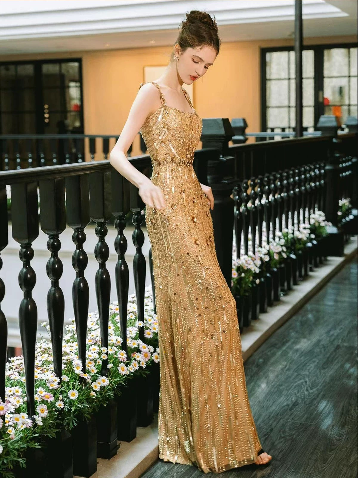 Flamboyant Women's A line Square Gold Sequin With Beading Maxi Dress Date Night Evening Outfit Formal Prom Dresses RB5249