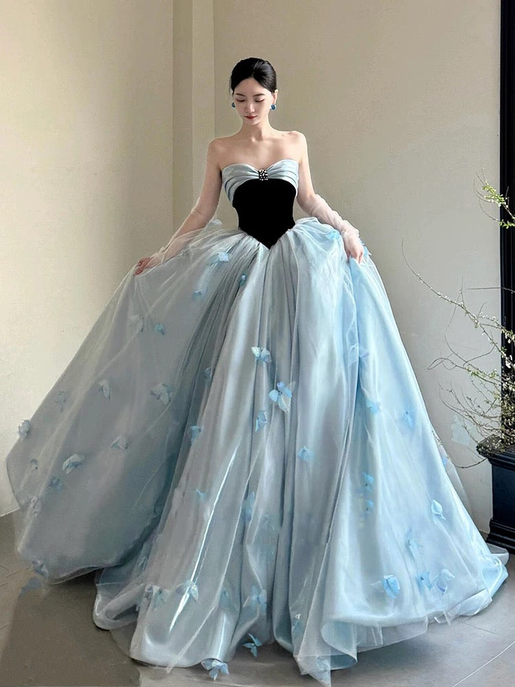 Sweet Prom Dress Ball Gown Sweetheart Blue With Flowers Floor Length Quinceanera Dresses Party Formal Outfits RB5250