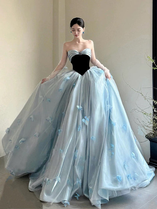 Sweet Prom Dress Ball Gown Sweetheart Blue With Flowers Floor Length Quinceanera Dresses Party Formal Outfits RB5250