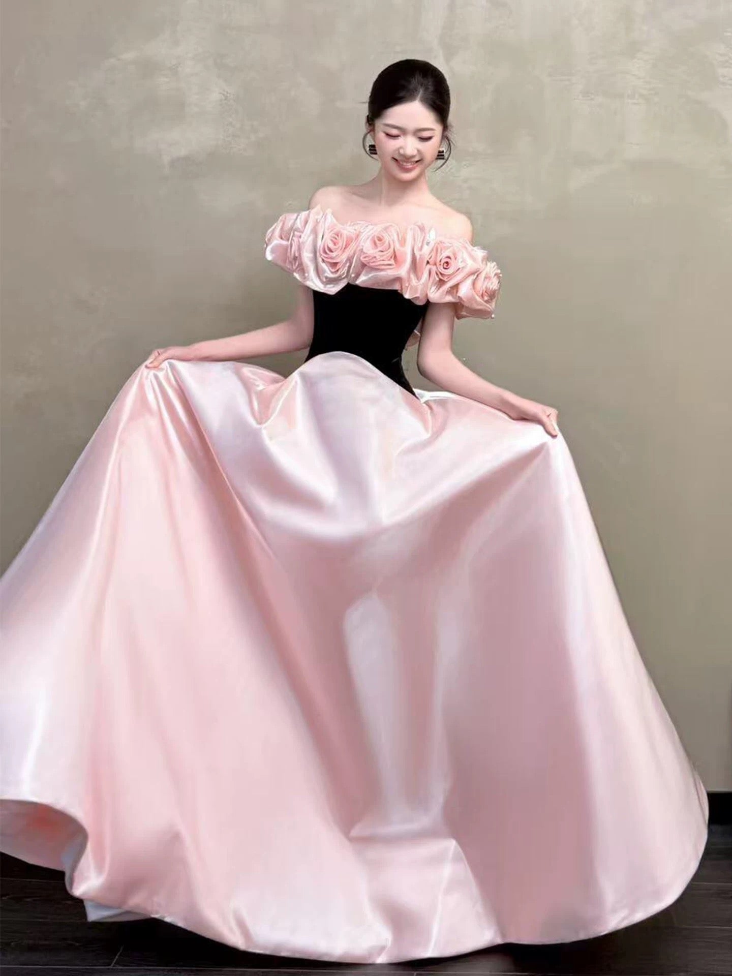 Sweet Prom Dress Ball Gown Off The Shoulder Pink With Flowers Floor Length Quinceanera Dresses Party Formal Outfits RB5251