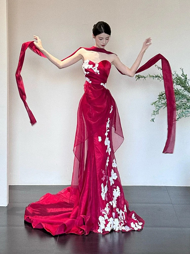 Eclectic Women's Mermaid Sweetheart Red With White Lace Maxi Dress Date Night Evening Outfits Formal Prom Dresses RB5252