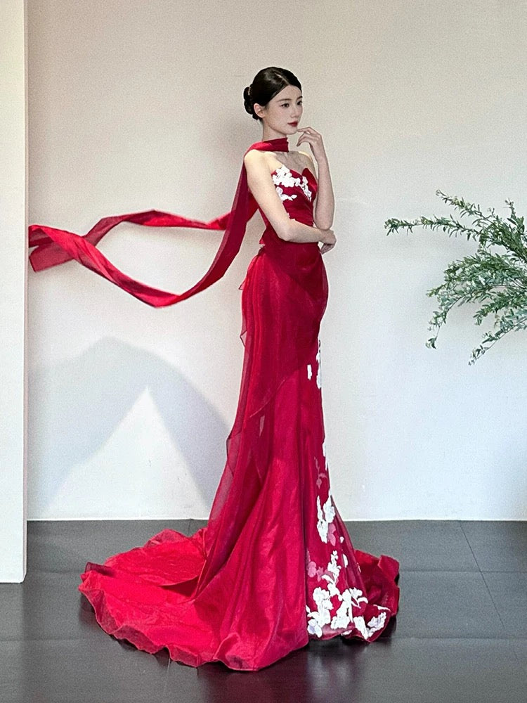 Eclectic Women's Mermaid Sweetheart Red With White Lace Maxi Dress Date Night Evening Outfits Formal Prom Dresses RB5252
