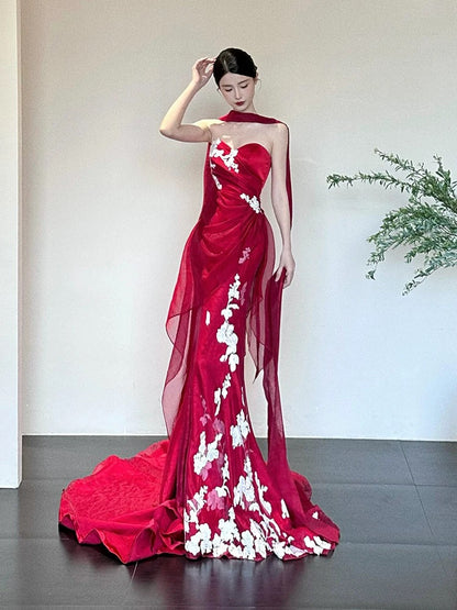 Eclectic Women's Mermaid Sweetheart Red With White Lace Maxi Dress Date Night Evening Outfits Formal Prom Dresses RB5252