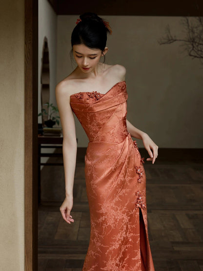Princess Mermaid Strapless Rust Red With 3D Flowers Slit Date Night Evening Outfit Formal Prom Dresses RB5360