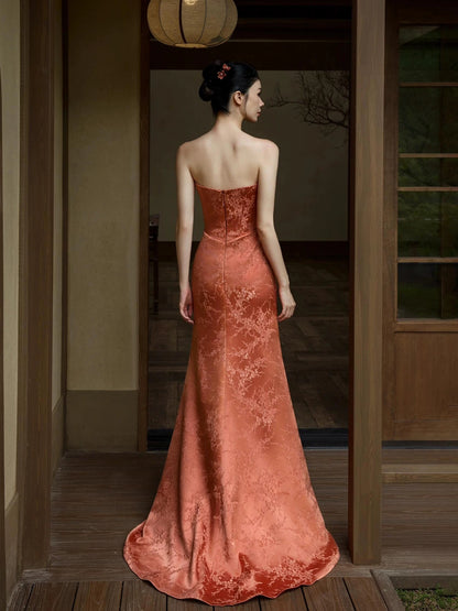 Modest Mermaid Strapless Rust Red Satin Long Evening Dresses Ideas Evening Outfits RB5185