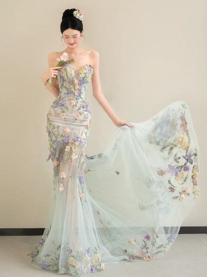 Flamboyant Women's Mermaid Sweetheart Light Sky Blue With Appliqued Maxi Dress Date Night Evening Outfit Formal Prom Dresses RB5254