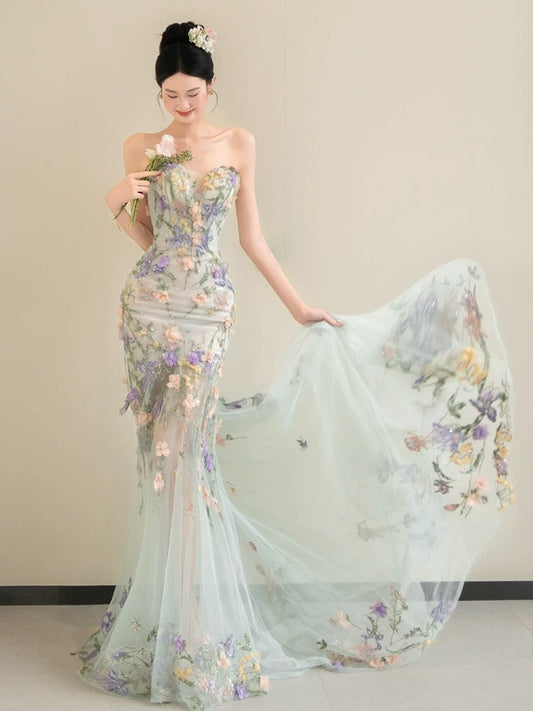 Flamboyant Women's Mermaid Sweetheart Light Sky Blue With Appliqued Maxi Dress Date Night Evening Outfit Formal Prom Dresses RB5254