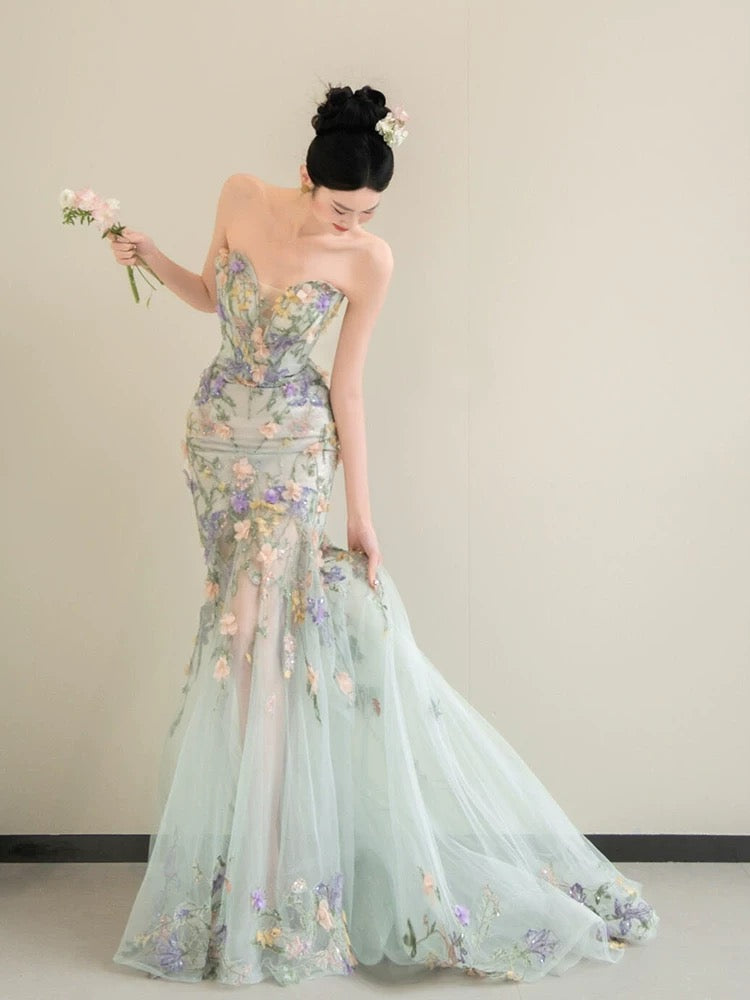 Flamboyant Women's Mermaid Sweetheart Light Sky Blue With Appliqued Maxi Dress Date Night Evening Outfit Formal Prom Dresses RB5254
