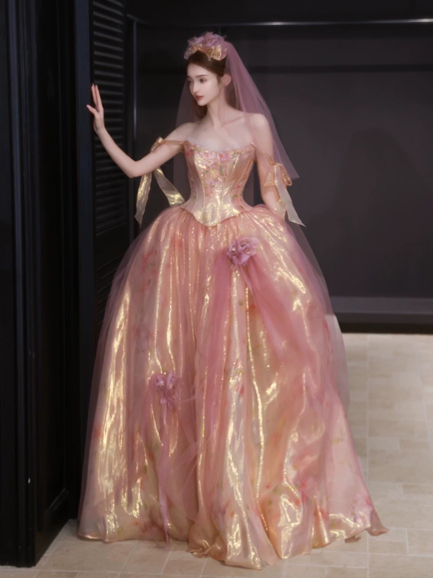 Sweet Prom Dress Ball Gown Sweetheart Pink With Flowers Long Quinceanera Dresses Party Formal Outfits RB5255