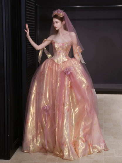 Sweet Prom Dress Ball Gown Sweetheart Pink With Flowers Long Quinceanera Dresses Party Formal Outfits RB5255