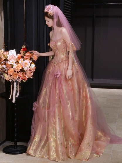Sweet Prom Dress Ball Gown Sweetheart Pink With Flowers Long Quinceanera Dresses Party Formal Outfits RB5255
