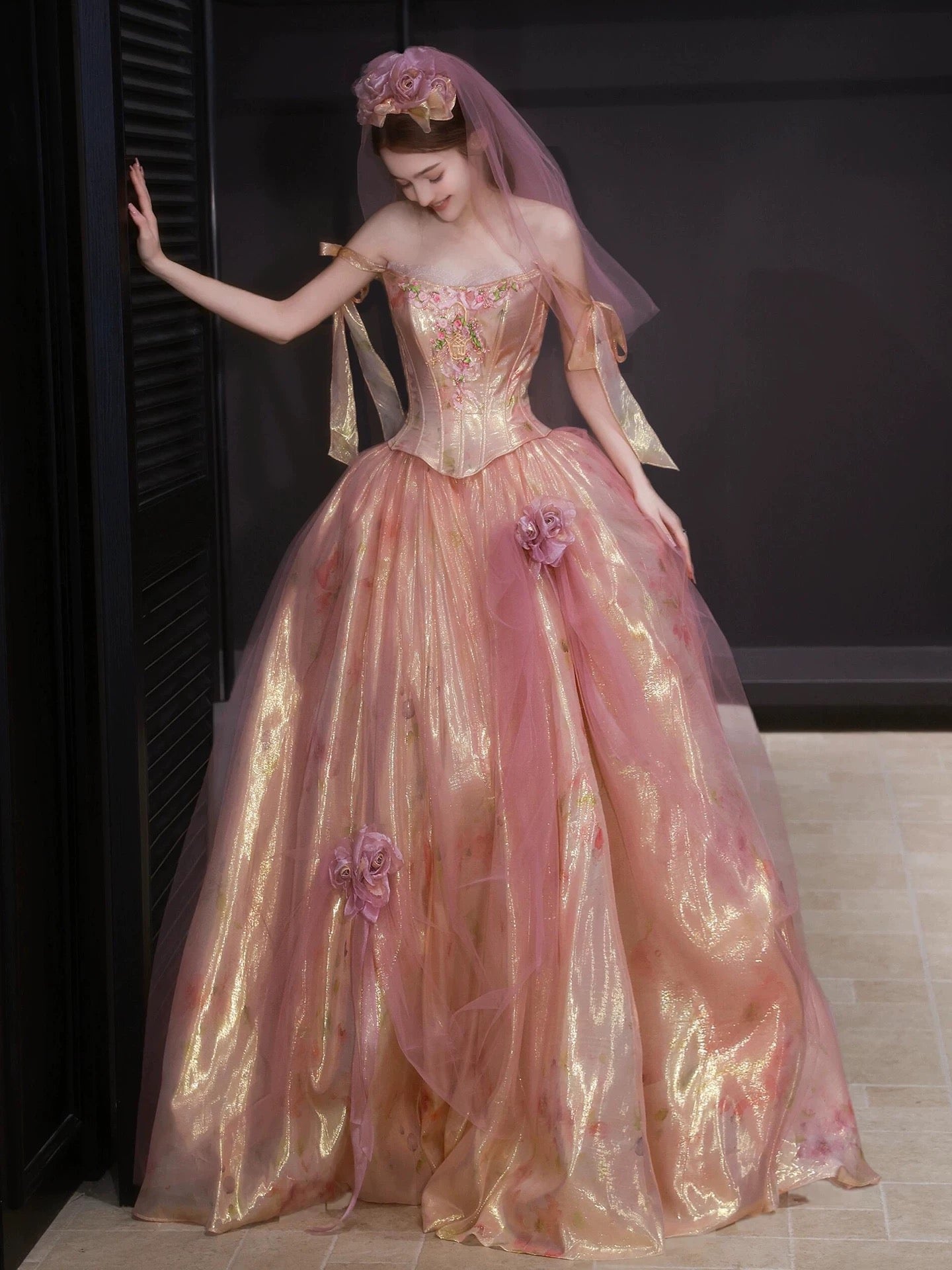 Sweet Prom Dress Ball Gown Sweetheart Pink With Flowers Long Quinceanera Dresses Party Formal Outfits RB5255