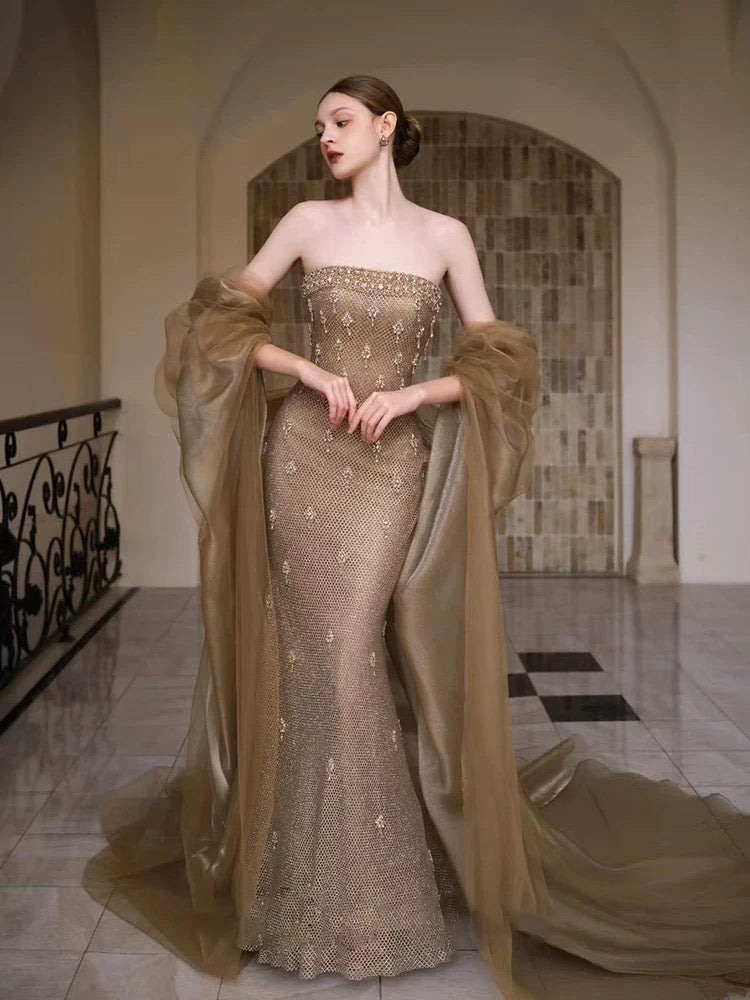 Modest Mermaid Strapless Gold Sequined Sleeveless With Beaded Long Evening Dresses Ideas Evening Outfits RB5257