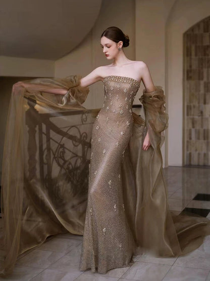 Modest Mermaid Strapless Gold Sequined Sleeveless With Beaded Long Evening Dresses Ideas Evening Outfits RB5257