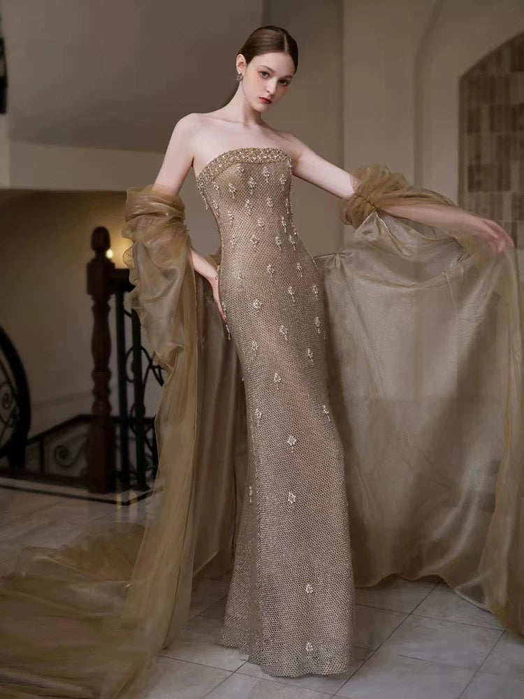 Modest Mermaid Strapless Gold Sequined Sleeveless With Beaded Long Evening Dresses Ideas Evening Outfits RB5257